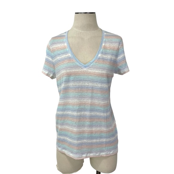 Gap- Linen Lightweight V Neck Multi Stripe Tee Size Medium. - Picture 1 of 9